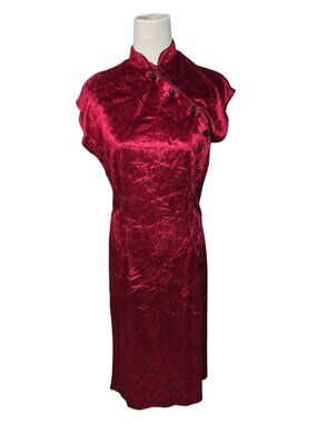 Vintage Y2k Dress Crushed Velvet Red Short Sleeve Midi Whimsigoth Size 7/8